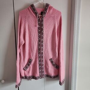 Elegant Pink Hooded Cardigan with Patterned Trim